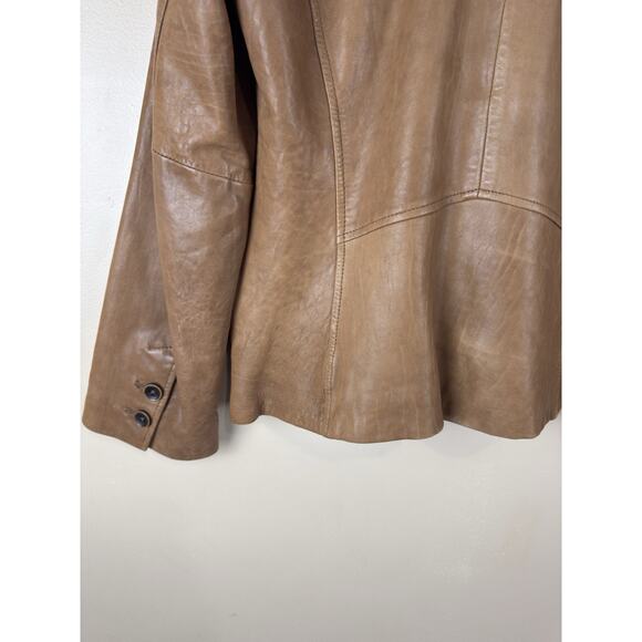 Leather Blazer Jacket with Mao Collar, Front Pockets – Brown Approx. Size M - Picture 10 of 15